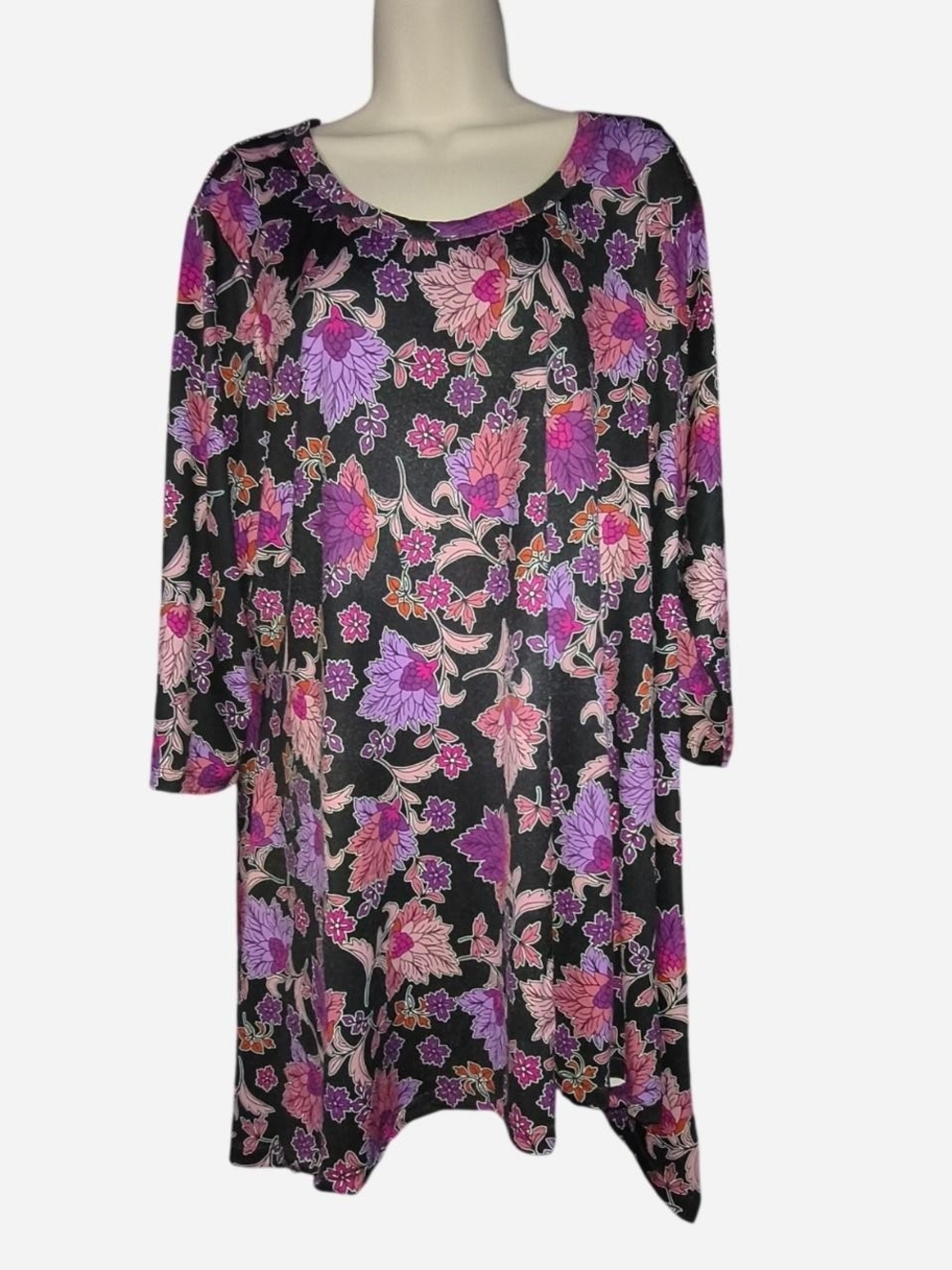 Woman Within Black Tunic Dress with Pink & Purple Floral Print